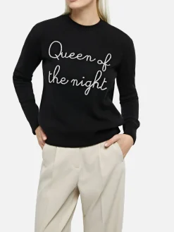 Schwarzer Damenpullover New Queen mit Stickerei „Königin der Nacht“