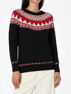 Schwarzer Damenpullover New Queen mit Fair-Isle-Herzen-Print