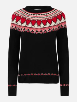 Schwarzer Damenpullover New Queen mit Fair-Isle-Herzen-Print