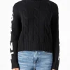 Schwarzer geflochtener Rollkragenpullover für Damen