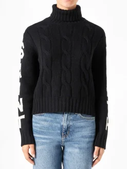Schwarzer geflochtener Rollkragenpullover für Damen