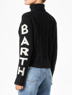 Schwarzer geflochtener Rollkragenpullover für Damen