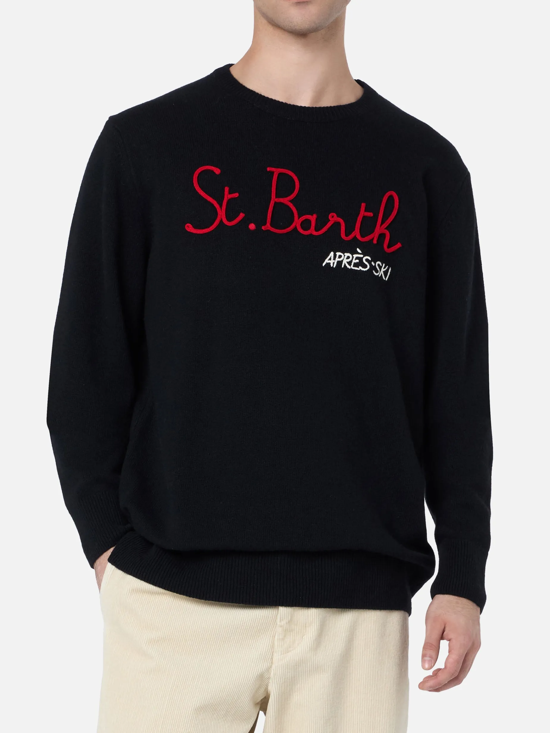 Schwarzer Herrenpullover Heron mit St. Barth Apres Ski-Stickerei
