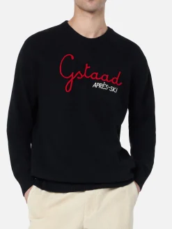 Schwarzer Herrenpullover Heron mit Gstaad Apres Ski-Stickerei