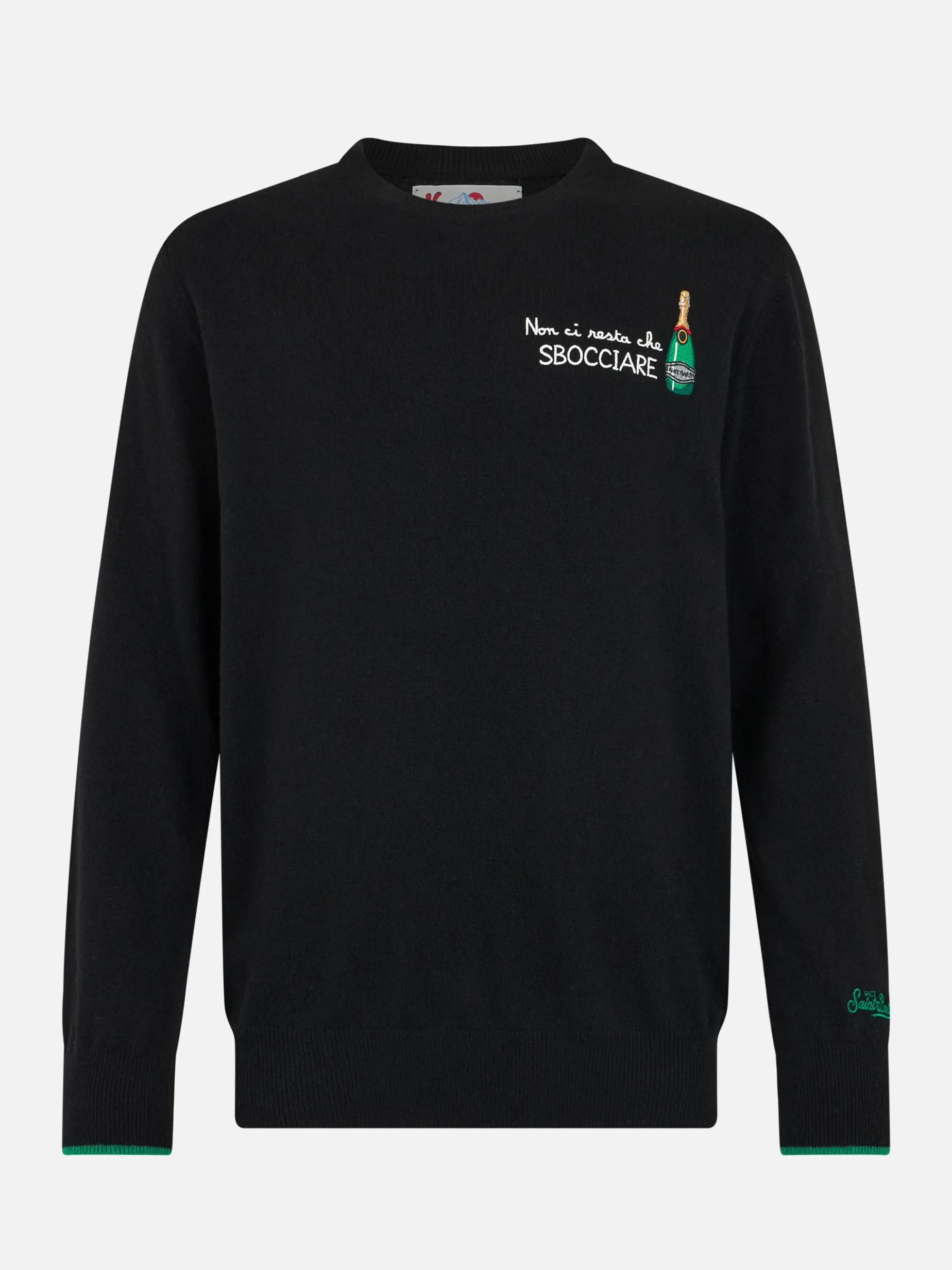 Schwarzer Herrenpullover Heron mit Stickerei „Non ci resta che sbocciare“.