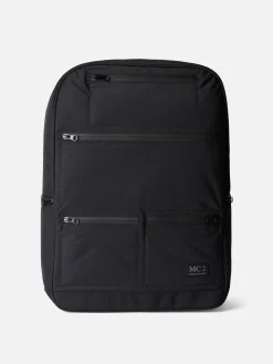 Schwarzer Nylon-Rucksack mit Reißverschlusstaschen