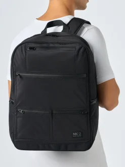 Schwarzer Nylon-Rucksack mit Reißverschlusstaschen