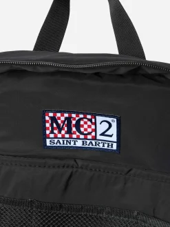 Schwarzer Nylon-Rucksack mit Reißverschlusstaschen