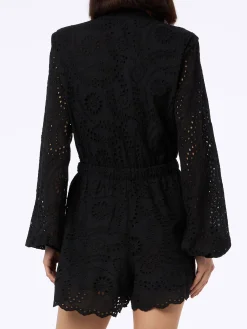 Schwarzer Playsuit Julian aus Baumwolle mit Sangallo-Spitze für Damen