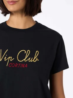 Schwarzes Damen-T-Shirt Emilie aus schwerer Baumwolle mit Vacanze Vip-Stickerei | VIP CLUB CORTINA SONDEREDITION