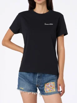 Schwarzes Damen-T-Shirt Emilie aus Baumwolljersey mit Rundhalsausschnitt und Sono Nera-Stickerei