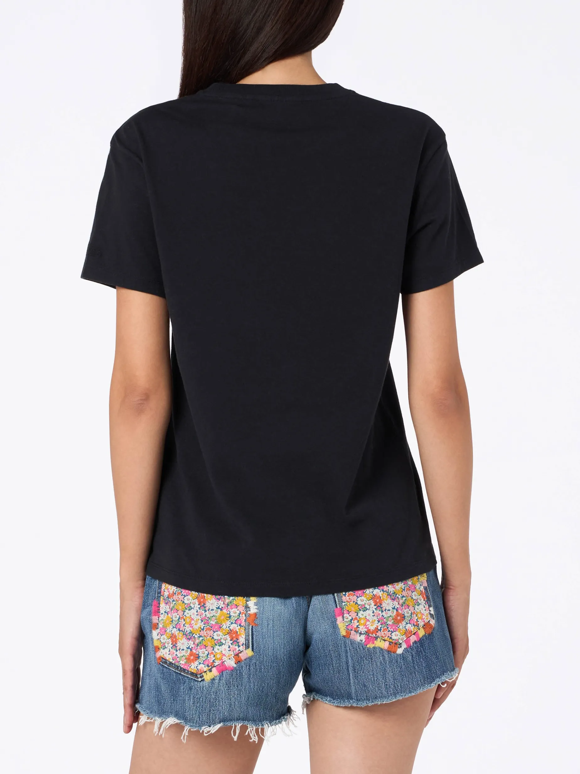 Schwarzes Damen-T-Shirt Emilie aus Baumwolljersey mit Rundhalsausschnitt und Sono Nera-Stickerei