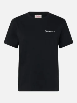 Schwarzes Damen-T-Shirt Emilie aus Baumwolljersey mit Rundhalsausschnitt und Sono Nera-Stickerei