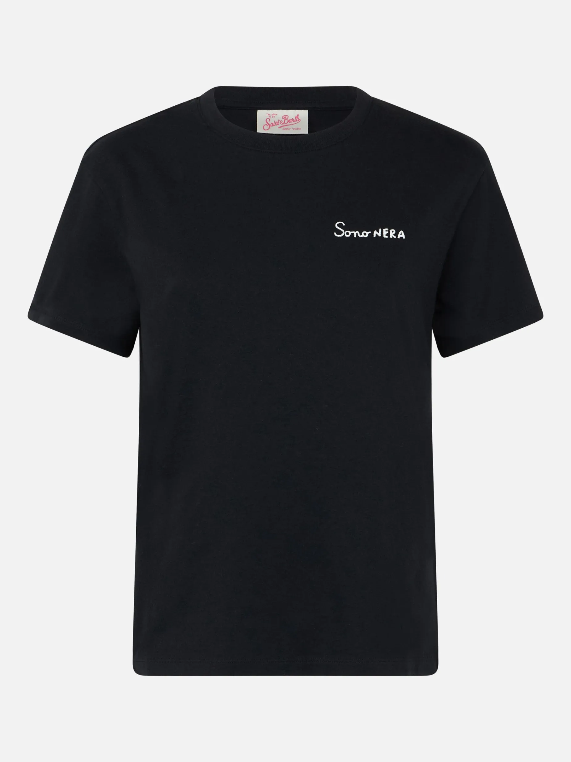 Schwarzes Damen-T-Shirt Emilie aus Baumwolljersey mit Rundhalsausschnitt und Sono Nera-Stickerei