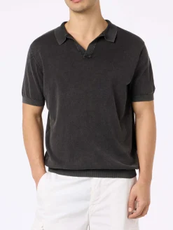 Schwarzes Herren-Strickpoloshirt Sloan mit Vintage-Behandlungseffekt