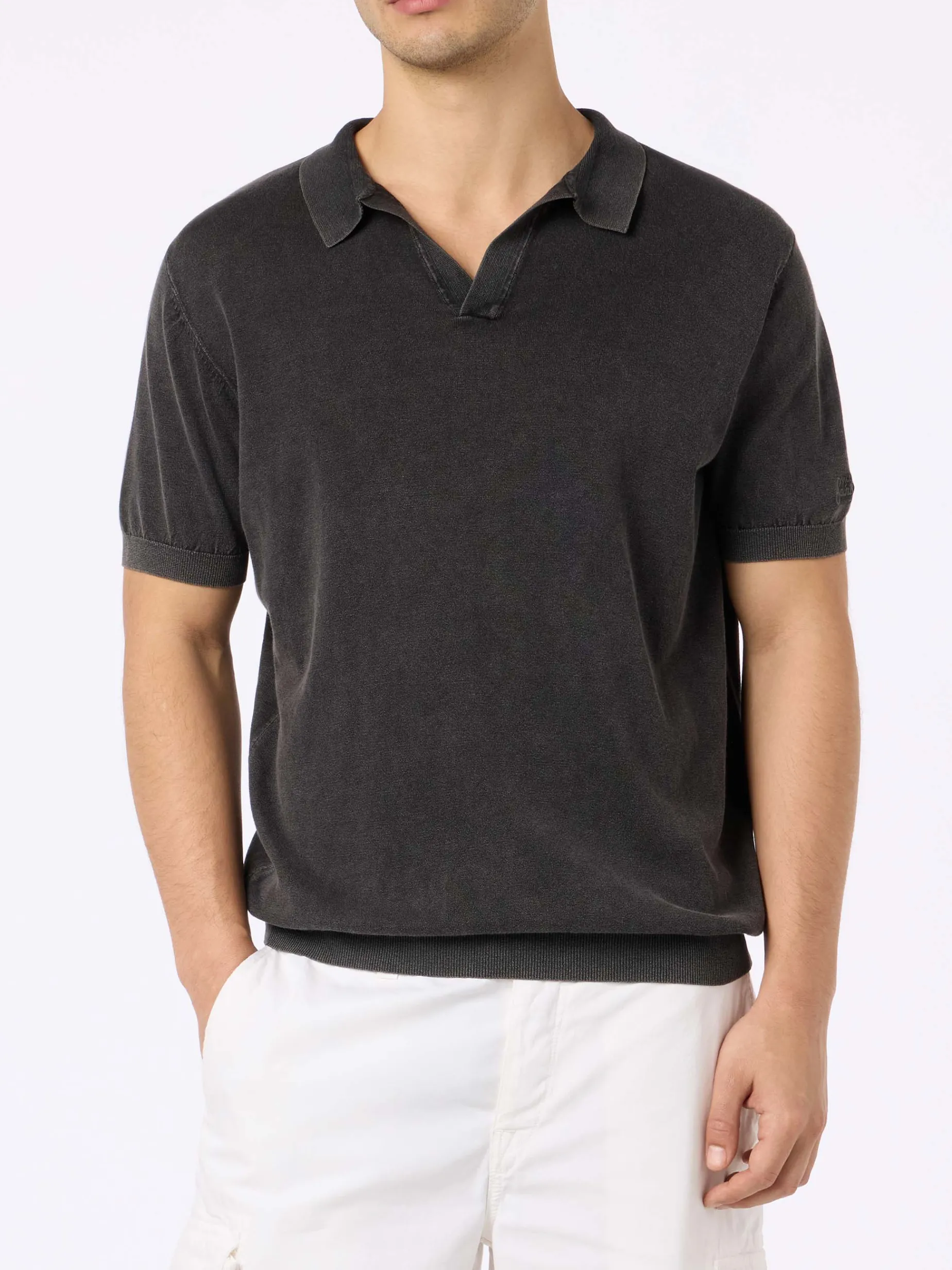 Schwarzes Herren-Strickpoloshirt Sloan mit Vintage-Behandlungseffekt