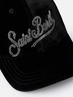 Schwarzes Samt-Baseball-Cap mit Strass-Logo