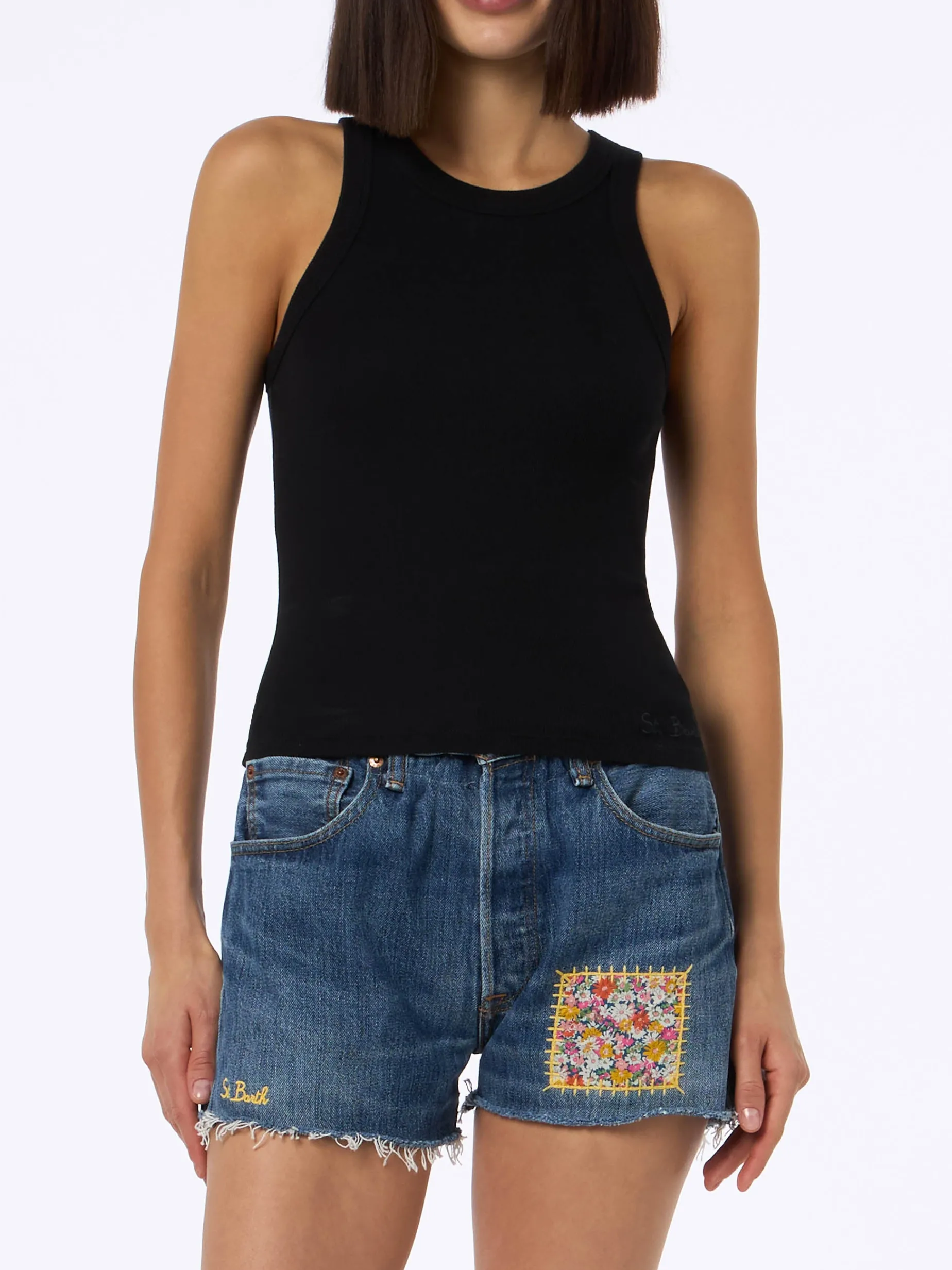Schwarzes Tanktop aus gerippter Baumwolle für Damen