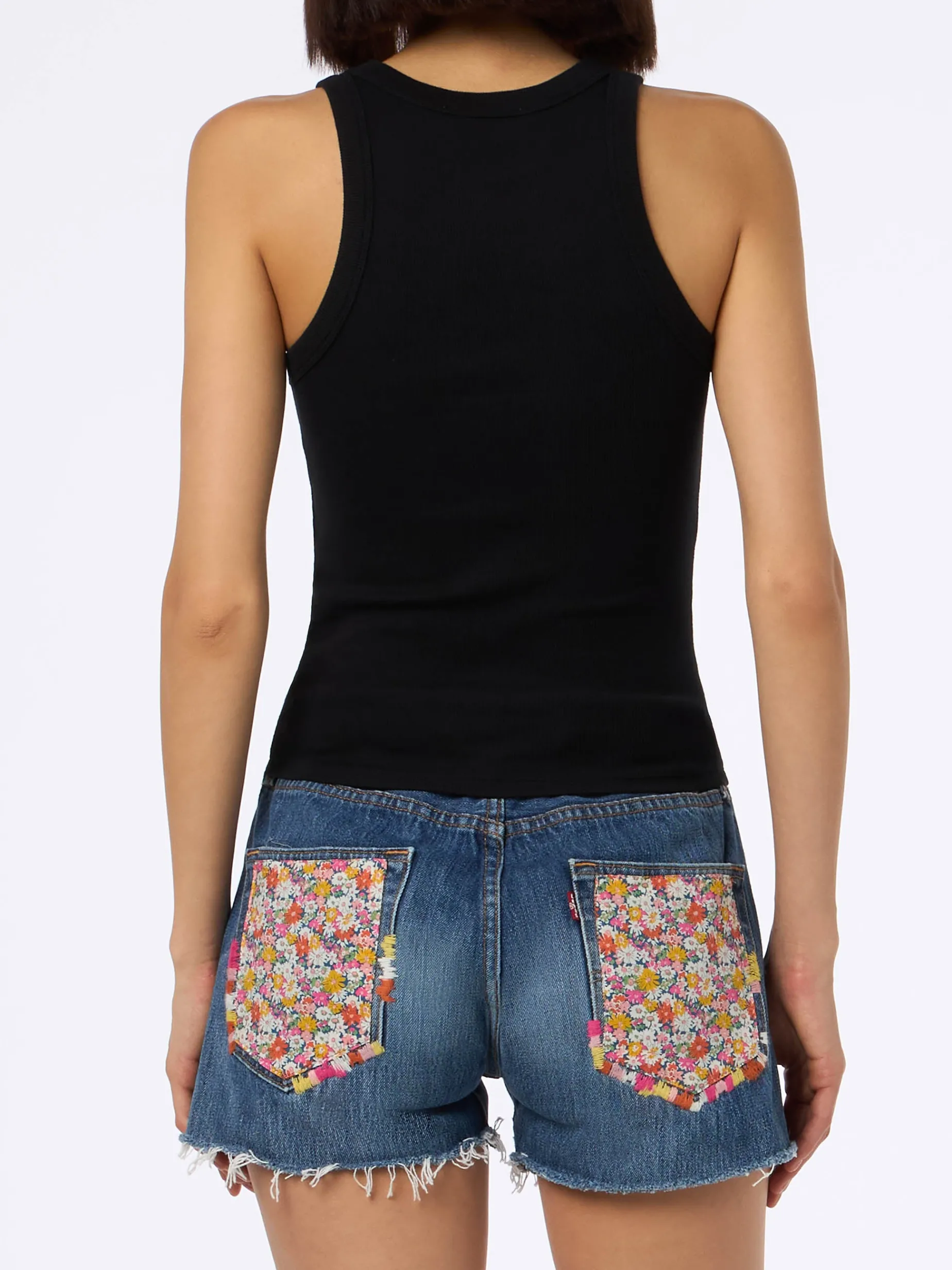 Schwarzes Tanktop aus gerippter Baumwolle für Damen
