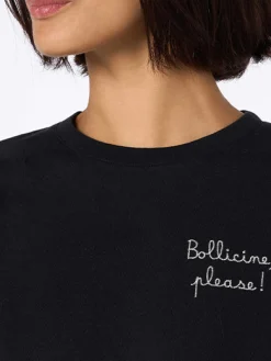 Schwarzes T-Shirt Emilie aus schwerer Baumwolle für Damen mit Stickerei „Bollicine Please“
