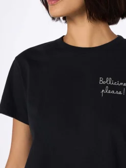 Schwarzes T-Shirt Emilie aus schwerer Baumwolle für Damen mit Stickerei „Bollicine Please“