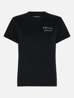 Schwarzes T-Shirt Emilie aus schwerer Baumwolle für Damen mit Stickerei „Bollicine Please“