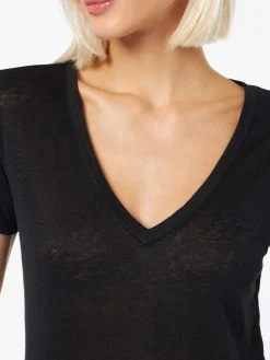 Schwarzes T-Shirt mit V-Ausschnitt aus Leinenjersey Eloise
