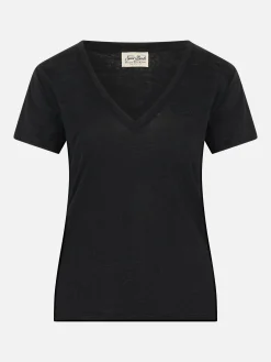 Schwarzes T-Shirt mit V-Ausschnitt aus Leinenjersey Eloise