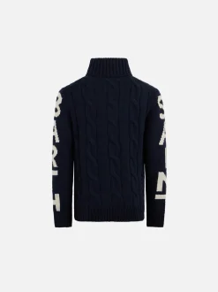 Schwerer blauer Rollkragenpullover mit geflochtenem Kragen für Jungen
