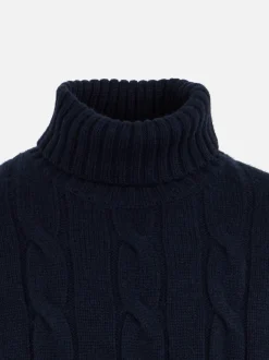 Schwerer blauer Rollkragenpullover mit geflochtenem Kragen für Jungen