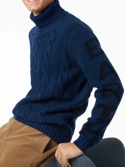 Schwerer, geflochtener, blauer Vintage-Pullover mit Rollkragen für Herren