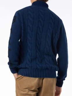 Schwerer, geflochtener, blauer Vintage-Pullover mit Rollkragen für Herren