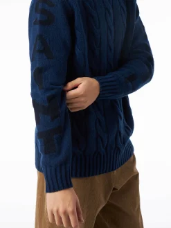 Schwerer, geflochtener, blauer Vintage-Pullover mit Rollkragen für Herren