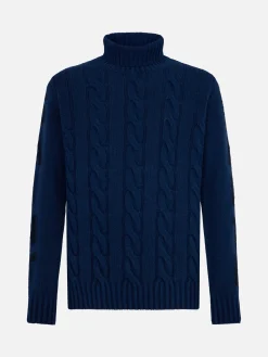Schwerer, geflochtener, blauer Vintage-Pullover mit Rollkragen für Herren