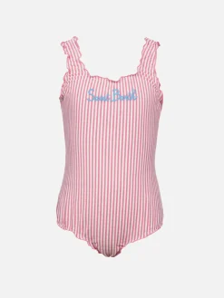 Seersucker-Badeanzug Clio für Mädchen mit kontrastierender Rüsche