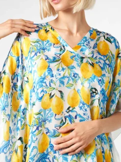 Seidenkaftan mit Zitronen- und Maiolika-Print