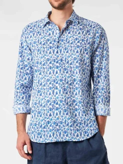 Sikelia-Hemd aus Musselin-Baumwolle für Herren mit blauem Blätterdruck