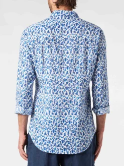 Sikelia-Hemd aus Musselin-Baumwolle für Herren mit blauem Blätterdruck