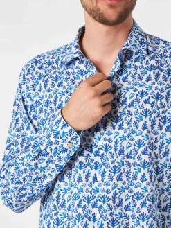 Sikelia-Hemd aus Musselin-Baumwolle für Herren mit blauem Blätterdruck