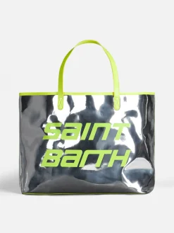 Silberne Reflextasche mit fluoreszierenden gelben Details