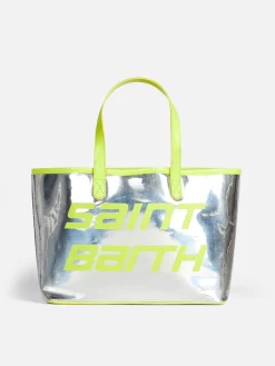 Silberne Reflextasche mit gelben Fluo-Details
