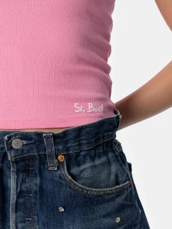 Tanktop aus rosa Baumwolle im Rippenstrick für Damen