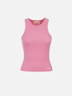 Tanktop aus rosa Baumwolle im Rippenstrick für Damen