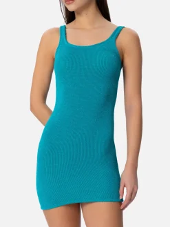 Tanktop-Kleid aus türkisfarbenem Lurex für Damen in Crinkle-Optik
