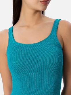 Tanktop-Kleid aus türkisfarbenem Lurex für Damen in Crinkle-Optik