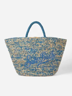 Tasche aus Bast in Blau und Weiß mit Stickerei vorne