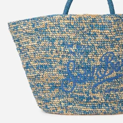 Tasche aus Bast in Blau und Weiß mit Stickerei vorne