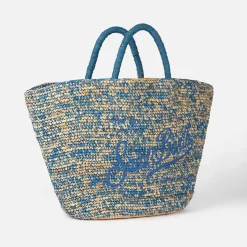Tasche aus Bast in Blau und Weiß mit Stickerei vorne