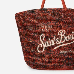 Tasche aus Bast in Schwarz und Orange mit Stickerei vorne