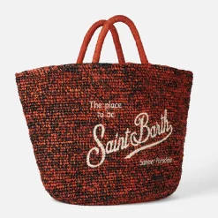 Tasche aus Bast in Schwarz und Orange mit Stickerei vorne